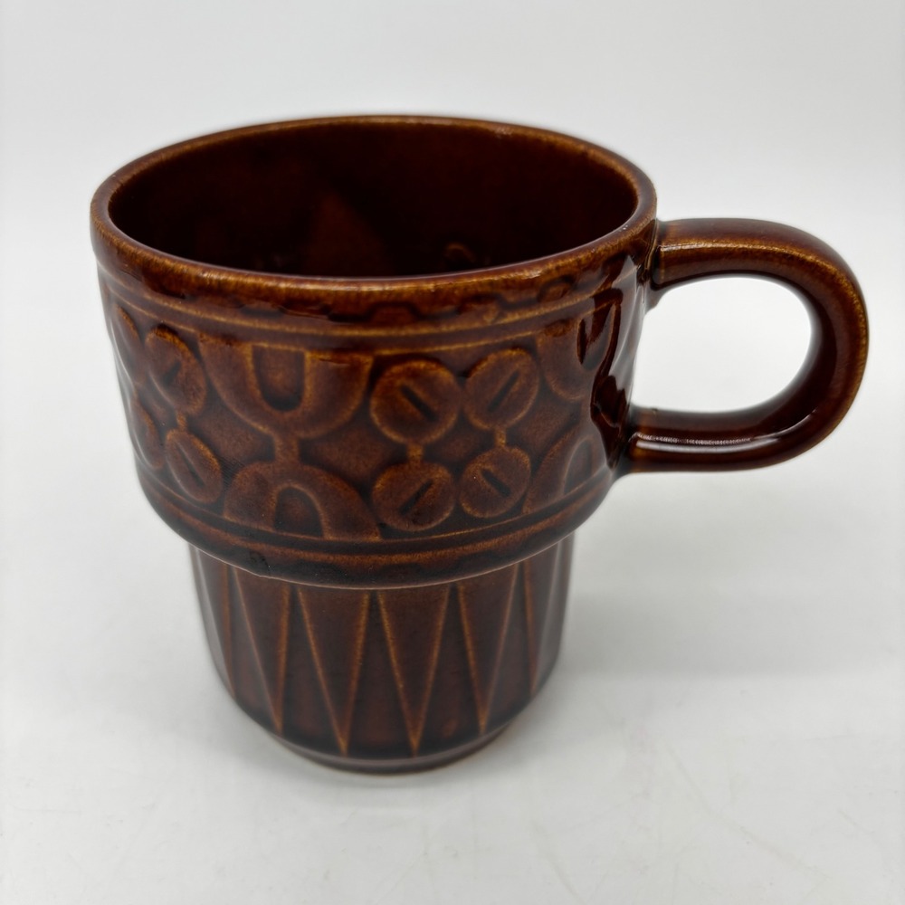 Vintage Brown Ceramic Coffee Mug Japan Embossed Geometric Stackable Stoneware